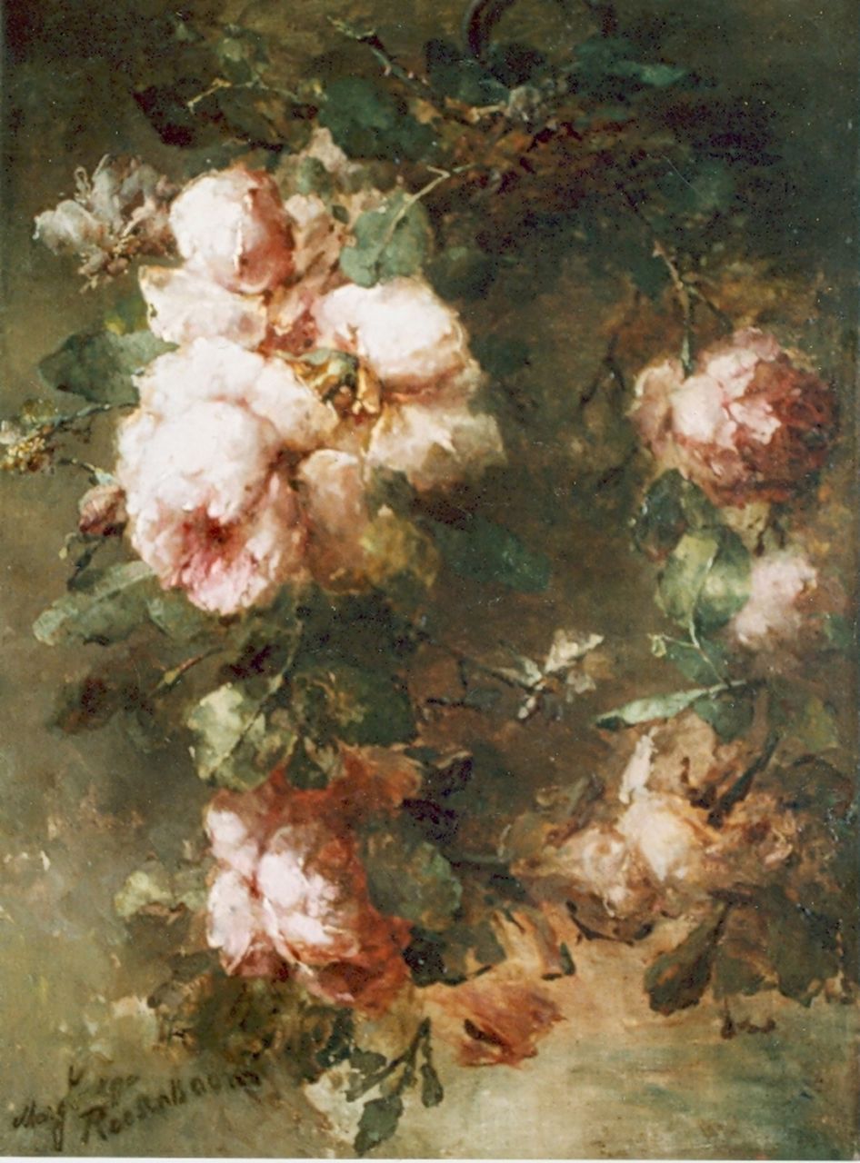 Roosenboom M.C.J.W.H. | 'Margaretha' Cornelia Johanna Wilhelmina Henriëtta Roosenboom, Guirlande van roze rozen, olieverf op doek 68,0 x 48,5 cm, gesigneerd linksonder en gedateerd '90 Roosenboom M.C.J.W.H. | 'Margaretha' Cornelia Johanna Wilhelmina Henriëtta Roosenboom, Guirlande van roze rozen, olieverf op doek 68,0 x 48,5 cm, gesigneerd linksonder en gedateerd '90