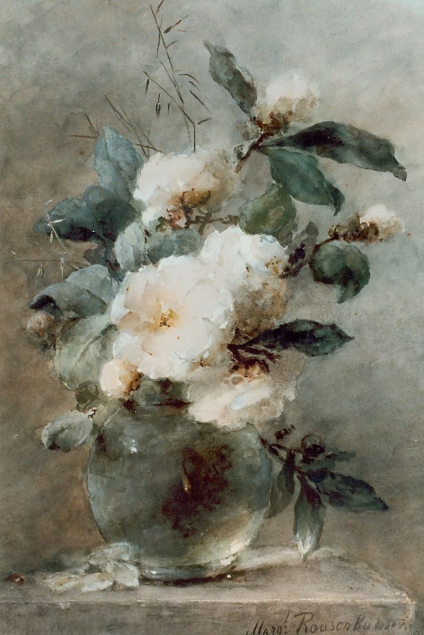 Roosenboom M.C.J.W.H. | 'Margaretha' Cornelia Johanna Wilhelmina Henriëtta Roosenboom, Witte rozen in een glazen vaas, gouache op karton 69,0 x 47,5 cm, gesigneerd rechtsonder Roosenboom M.C.J.W.H. | 'Margaretha' Cornelia Johanna Wilhelmina Henriëtta Roosenboom, Witte rozen in een glazen vaas, gouache op karton 69,0 x 47,5 cm, gesigneerd rechtsonder