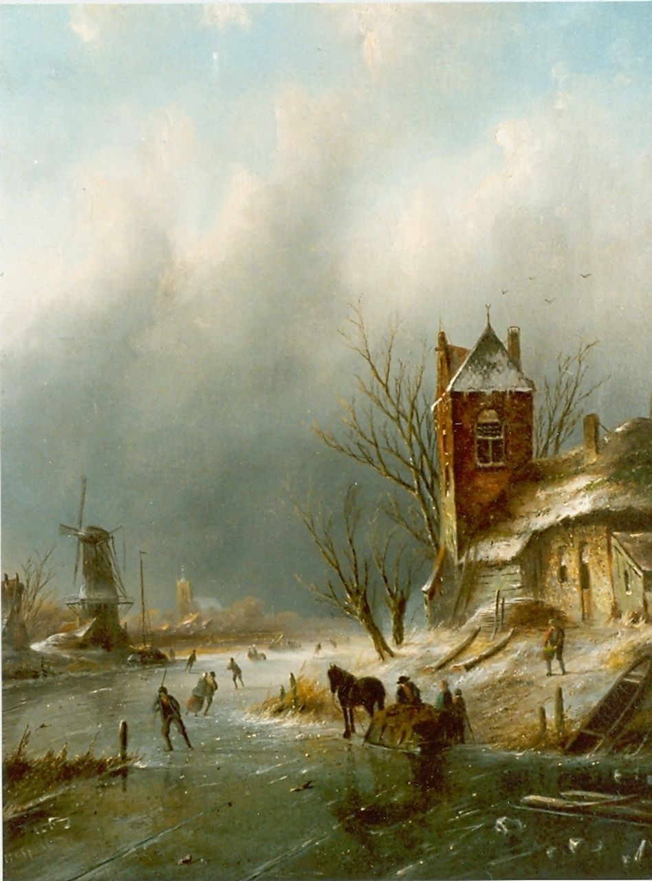 Spohler J.J.C. | Jacob Jan Coenraad Spohler, Winterlandschap met schaatsers op rivier, olieverf op doek 43,8 x 34,7 cm, gesigneerd linksonder Spohler J.J.C. | Jacob Jan Coenraad Spohler, Winterlandschap met schaatsers op rivier, olieverf op doek 43,8 x 34,7 cm, gesigneerd linksonder