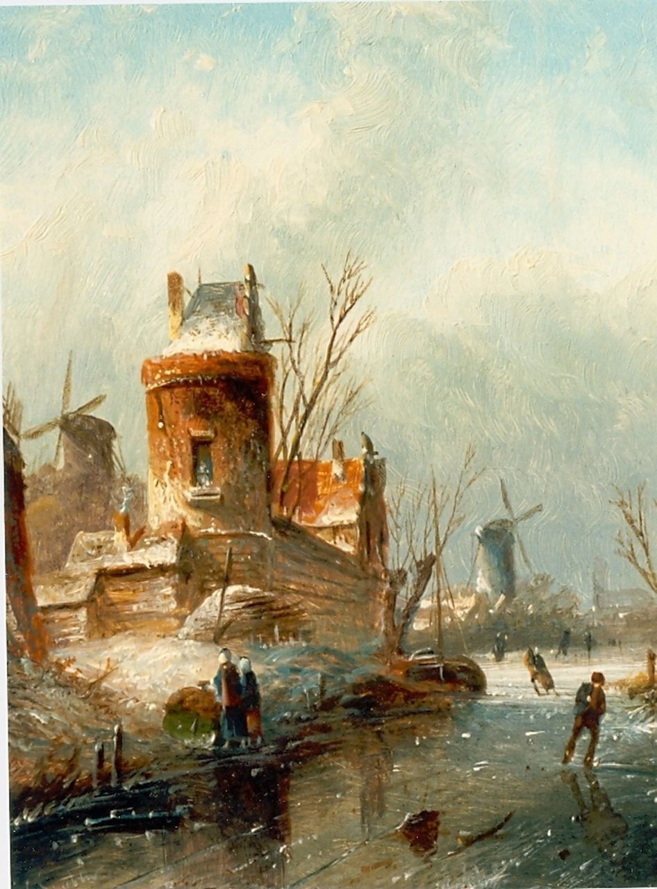 Spohler J.J.C. | Jacob Jan Coenraad Spohler, Bevroren stadsgracht met schaatsers, olieverf op paneel 20,0 x 16,0 cm, gesigneerd linksonder Spohler J.J.C. | Jacob Jan Coenraad Spohler, Bevroren stadsgracht met schaatsers, olieverf op paneel 20,0 x 16,0 cm, gesigneerd linksonder
