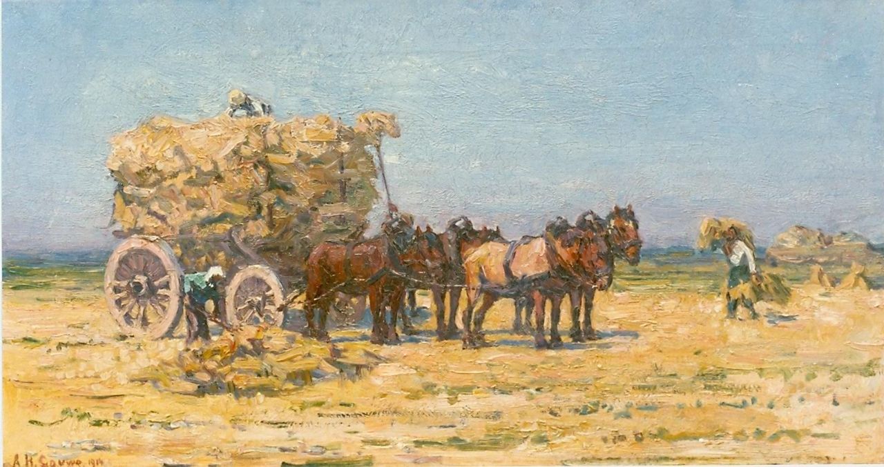 Gouwe A.H. | Adriaan Herman Gouwe, Hooien, olieverf op doek 33,8 x 62,9 cm, gesigneerd linksonder en gedateerd 1914 Gouwe A.H. | Adriaan Herman Gouwe, Hooien, olieverf op doek 33,8 x 62,9 cm, gesigneerd linksonder en gedateerd 1914