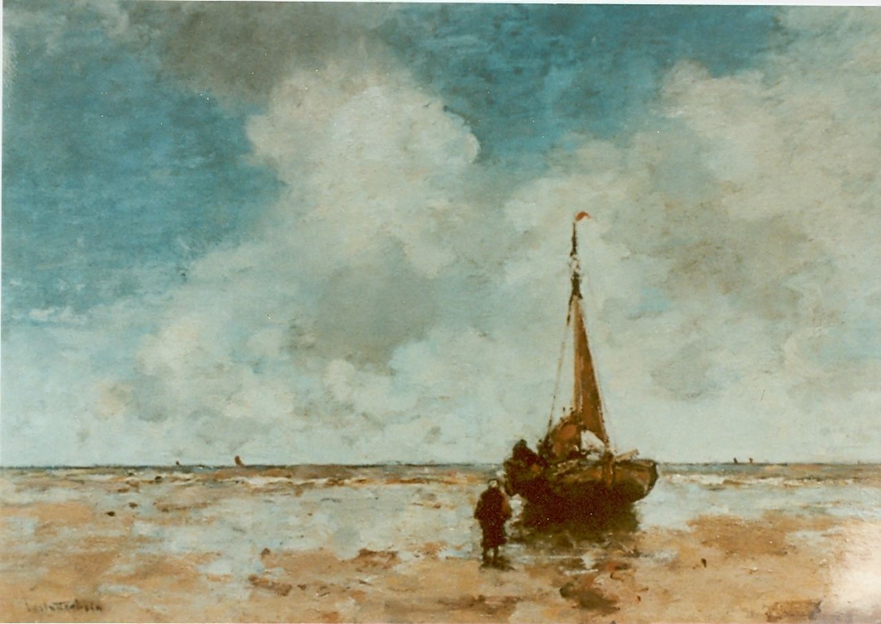 Stutterheim L.P. | Lodewijk Philippus 'Louis' Stutterheim, Bomschuit op het strand, olieverf op paneel 48,0 x 70,0 cm, gesigneerd linksonder Stutterheim L.P. | Lodewijk Philippus 'Louis' Stutterheim, Bomschuit op het strand, olieverf op paneel 48,0 x 70,0 cm, gesigneerd linksonder