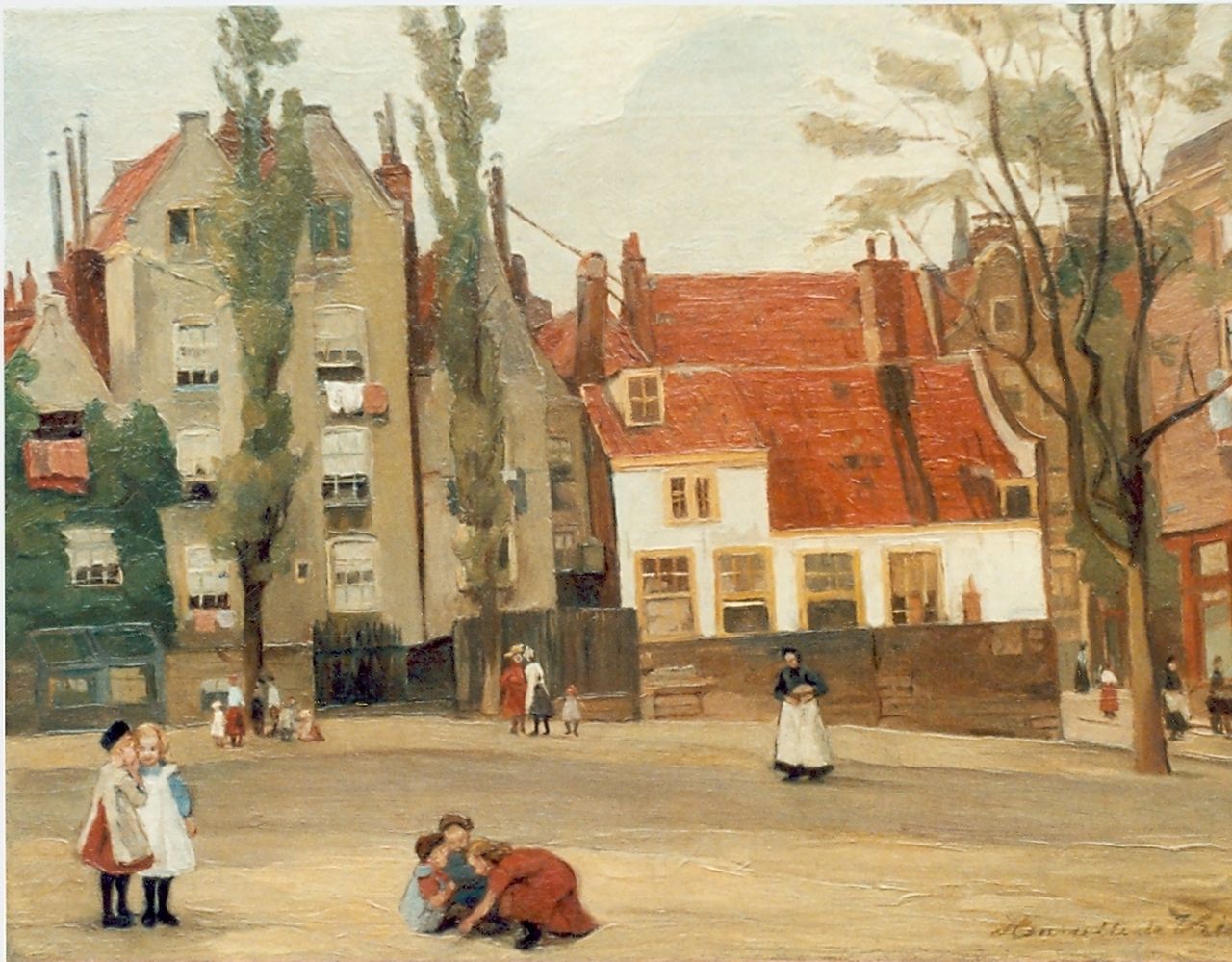 Vries S.C.H. de | Susanna Cornelia 'Henriëtte' de Vries, Spelende kinderen op een plein, olieverf op doek 32,5 x 43,0 cm, gesigneerd linksonder