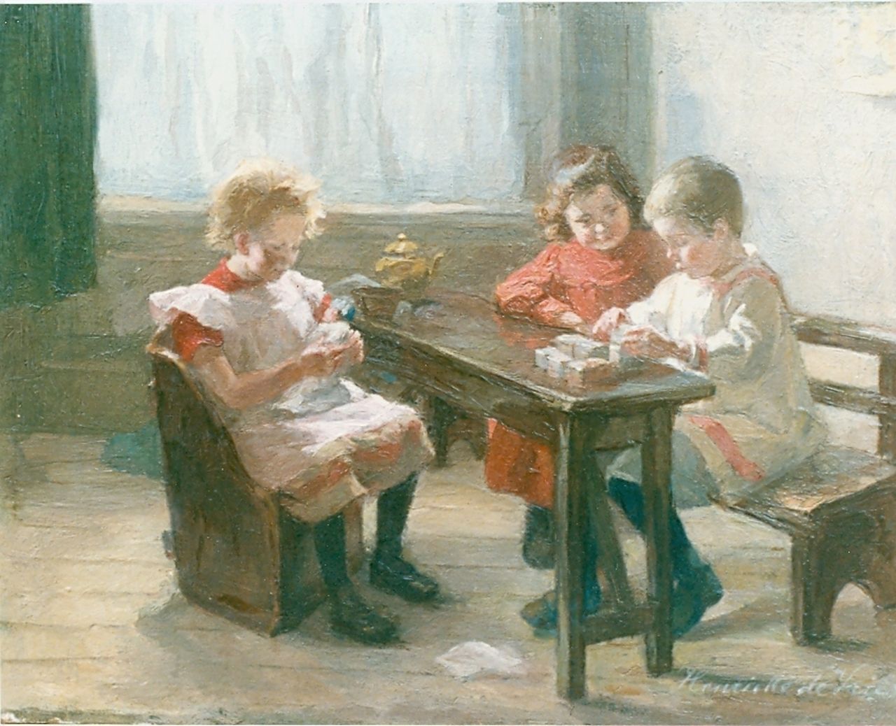 Vries S.C.H. de | Susanna Cornelia 'Henriëtte' de Vries, Spelende kinderen aan een tafel, olieverf op doek 25,5 x 32,7 cm, gesigneerd rechtsonder Vries S.C.H. de | Susanna Cornelia 'Henriëtte' de Vries, Spelende kinderen aan een tafel, olieverf op doek 25,5 x 32,7 cm, gesigneerd rechtsonder