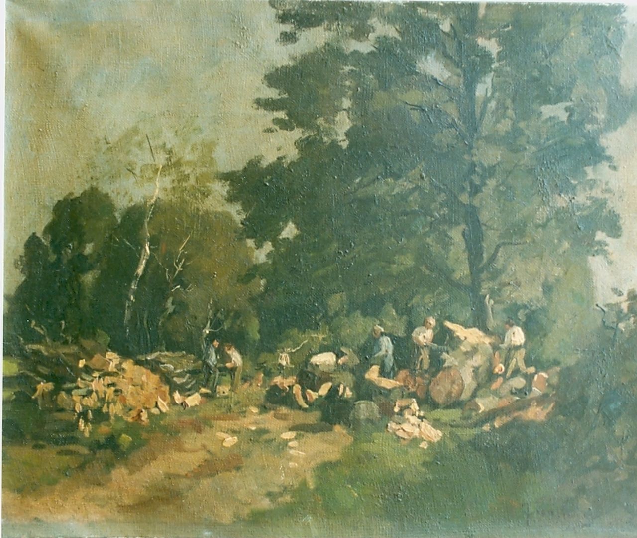 Vuuren J. van | Jan van Vuuren, Houthakkers in het bos, olieverf op doek 29,0 x 36,0 cm, gesigneerd rechtsonder Vuuren J. van | Jan van Vuuren, Houthakkers in het bos, olieverf op doek 29,0 x 36,0 cm, gesigneerd rechtsonder