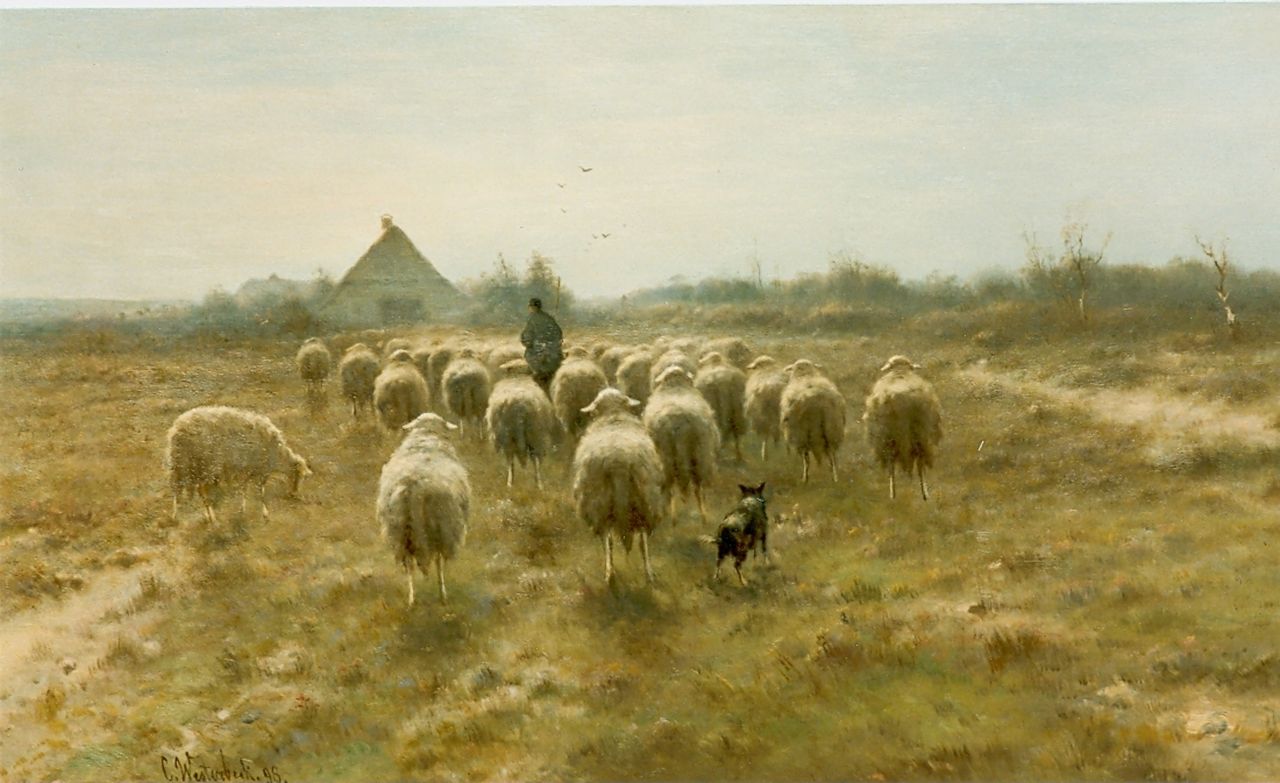 Westerbeek C. | Cornelis Westerbeek, Op weg naar de schaapskooi, olieverf op paneel 60,0 x 105,0 cm, gesigneerd linksonder Westerbeek C. | Cornelis Westerbeek, Op weg naar de schaapskooi, olieverf op paneel 60,0 x 105,0 cm, gesigneerd linksonder