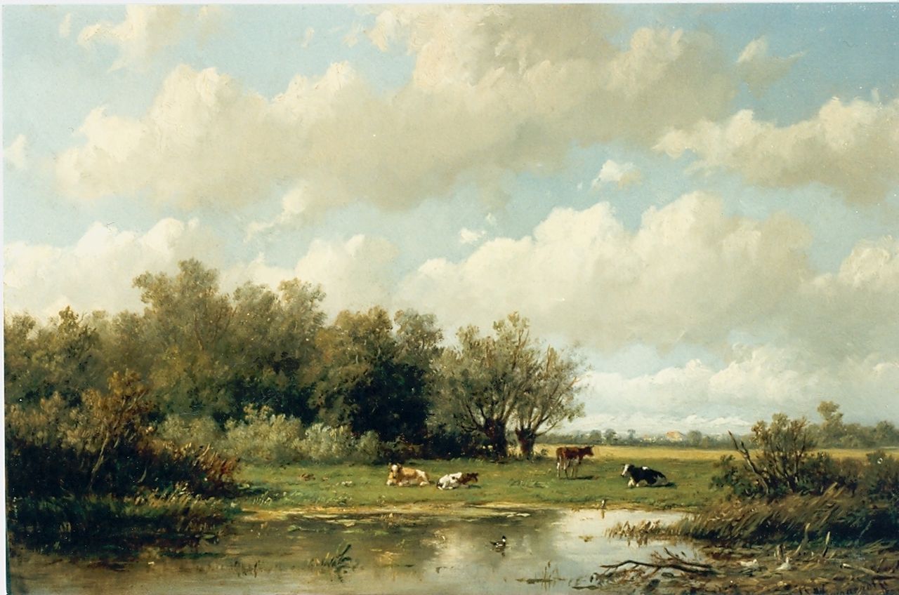 Wijngaerdt A.J. van | Anthonie Jacobus van Wijngaerdt, Koeien in een Hollands landschap, olieverf op paneel 23,0 x 35,5 cm, gesigneerd rechtsonder Wijngaerdt A.J. van | Anthonie Jacobus van Wijngaerdt, Koeien in een Hollands landschap, olieverf op paneel 23,0 x 35,5 cm, gesigneerd rechtsonder