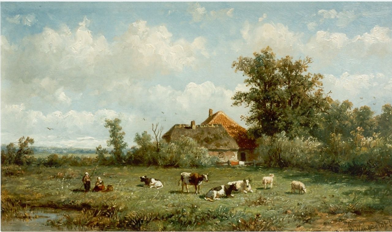 Wijngaerdt A.J. van | Anthonie Jacobus van Wijngaerdt, Gezicht op boerderij met grazend vee, olieverf op paneel 19,8 x 34,0 cm, gesigneerd rechtsonder Wijngaerdt A.J. van | Anthonie Jacobus van Wijngaerdt, Gezicht op boerderij met grazend vee, olieverf op paneel 19,8 x 34,0 cm, gesigneerd rechtsonder