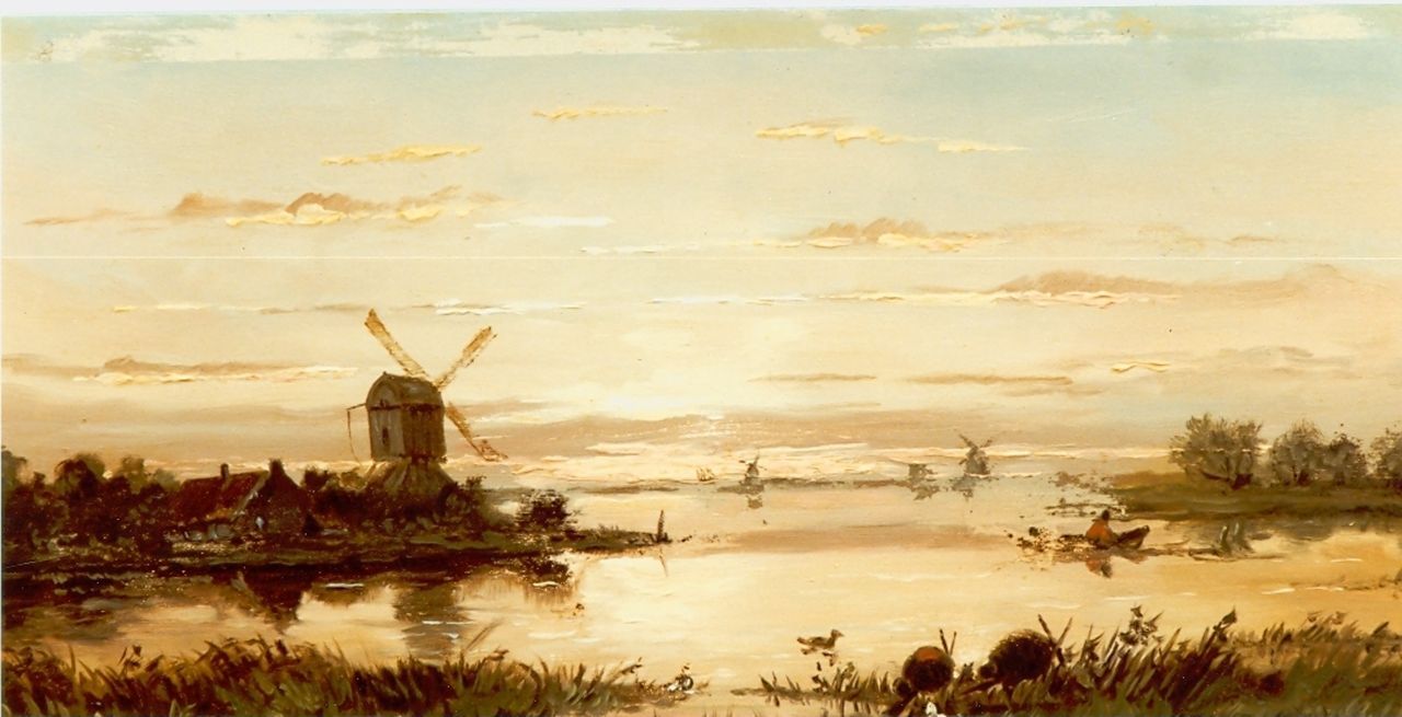 Wijngaerdt A.J. van | Anthonie Jacobus van Wijngaerdt, Plasgezicht bij avond met molens, olieverf op paneel 19,0 x 36,0 cm, gesigneerd linksonder Wijngaerdt A.J. van | Anthonie Jacobus van Wijngaerdt, Plasgezicht bij avond met molens, olieverf op paneel 19,0 x 36,0 cm, gesigneerd linksonder