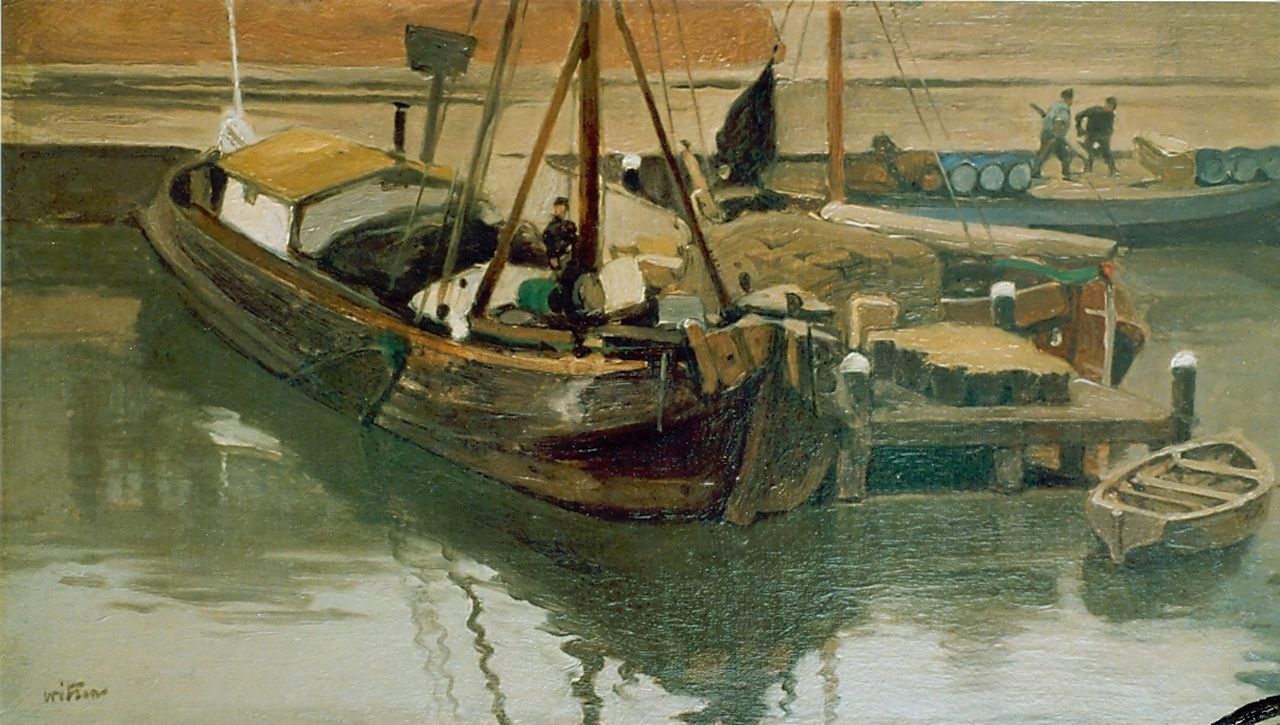 Witsen W.A.  | 'Willem' Arnold Witsen, tjalken aan de kade, olieverf op doek 25,0 x 45,0 cm, gesigneerd linksonder