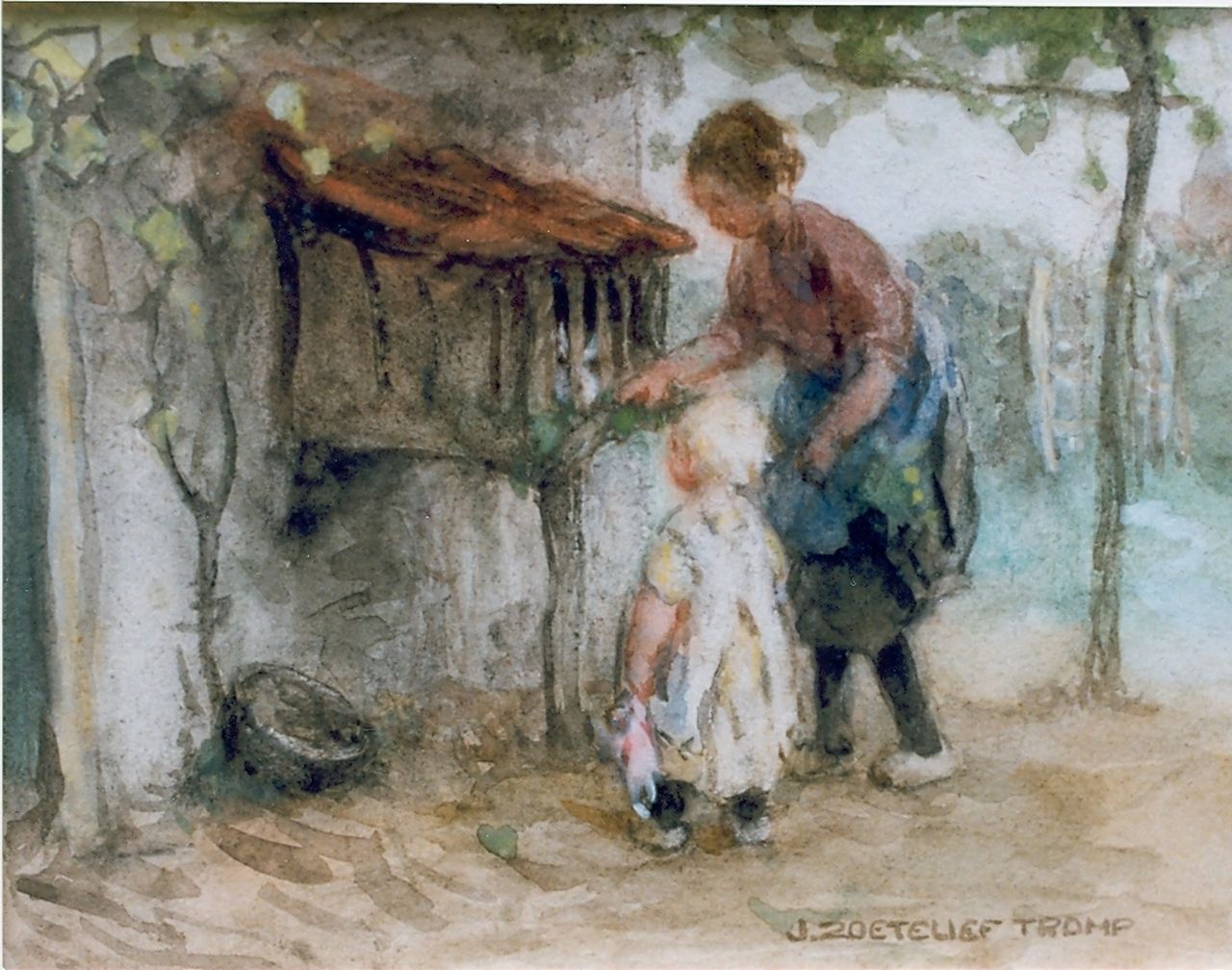 Zoetelief Tromp J. | Johannes 'Jan' Zoetelief Tromp, Twee zusjes voeren het konijn, aquarel op papier 15,0 x 20,5 cm, gesigneerd rechtsonder Zoetelief Tromp J. | Johannes 'Jan' Zoetelief Tromp, Twee zusjes voeren het konijn, aquarel op papier 15,0 x 20,5 cm, gesigneerd rechtsonder
