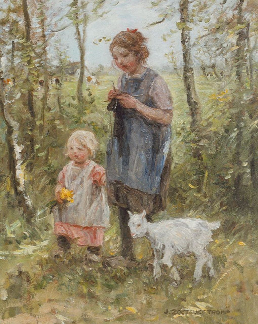 Zoetelief Tromp J. | Johannes 'Jan' Zoetelief Tromp, Huiswaarts, twee kinderen met geitje, olieverf op doek 59,7 x 50,0 cm Zoetelief Tromp J. | Johannes 'Jan' Zoetelief Tromp, Huiswaarts, twee kinderen met geitje, olieverf op doek 59,7 x 50,0 cm