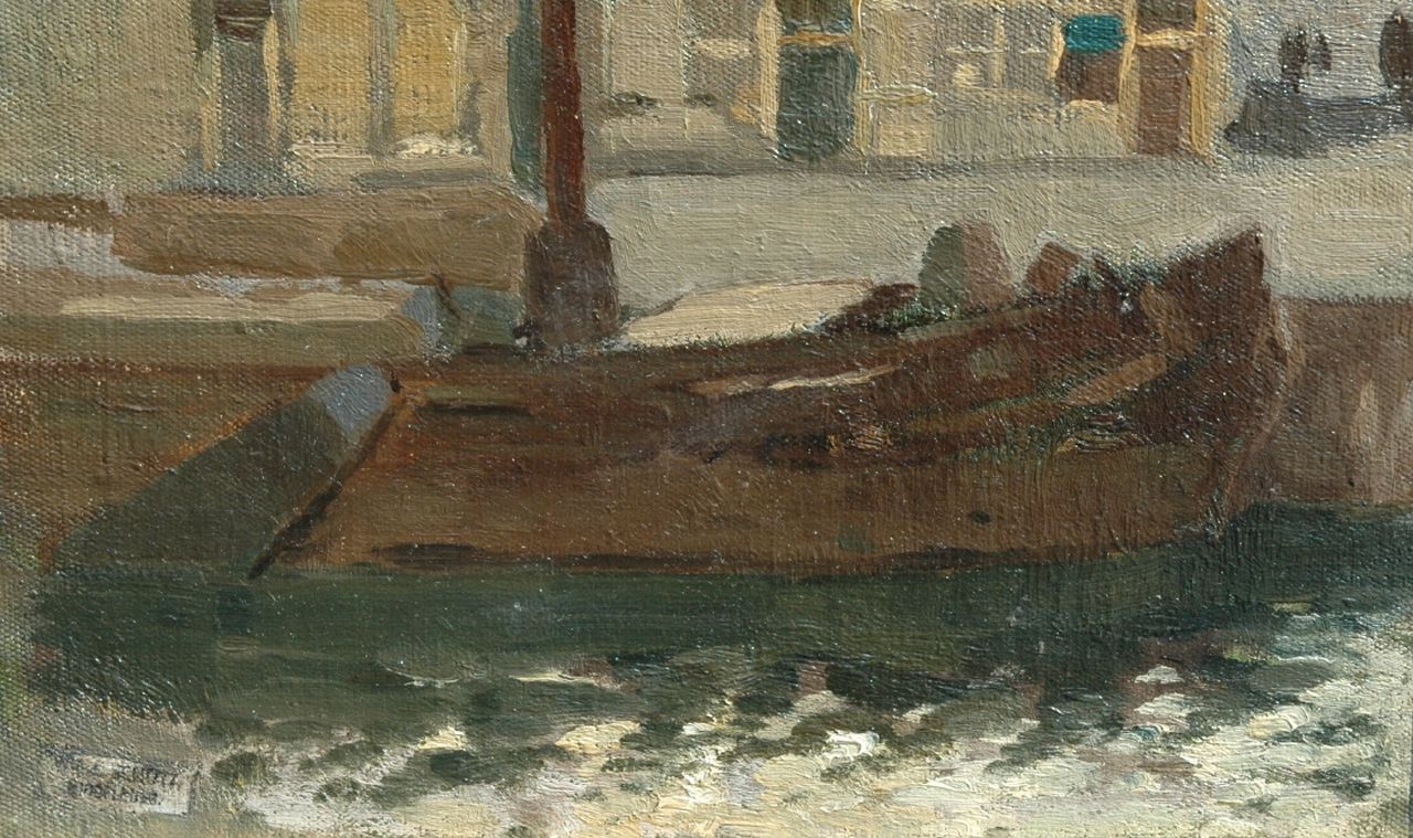 Schütz W.J. | Willem Johannes Schütz, Boot aan de kade, olieverf op doek op paneel 16,5 x 26,5 cm, gesigneerd voorzien van atelierstempel Schütz W.J. | Willem Johannes Schütz, Boot aan de kade, olieverf op doek op paneel 16,5 x 26,5 cm, gesigneerd voorzien van atelierstempel