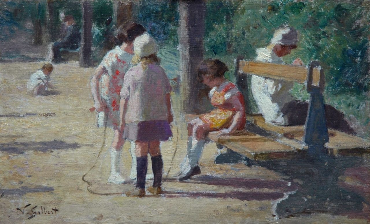 Gilbert V.G. | Victor Gabriel Gilbert, Spelende kinderen bij een parkbankje, olieverf op paneel 13,6 x 22,0 cm, gesigneerd linksonder Gilbert V.G. | Victor Gabriel Gilbert, Spelende kinderen bij een parkbankje, olieverf op paneel 13,6 x 22,0 cm, gesigneerd linksonder