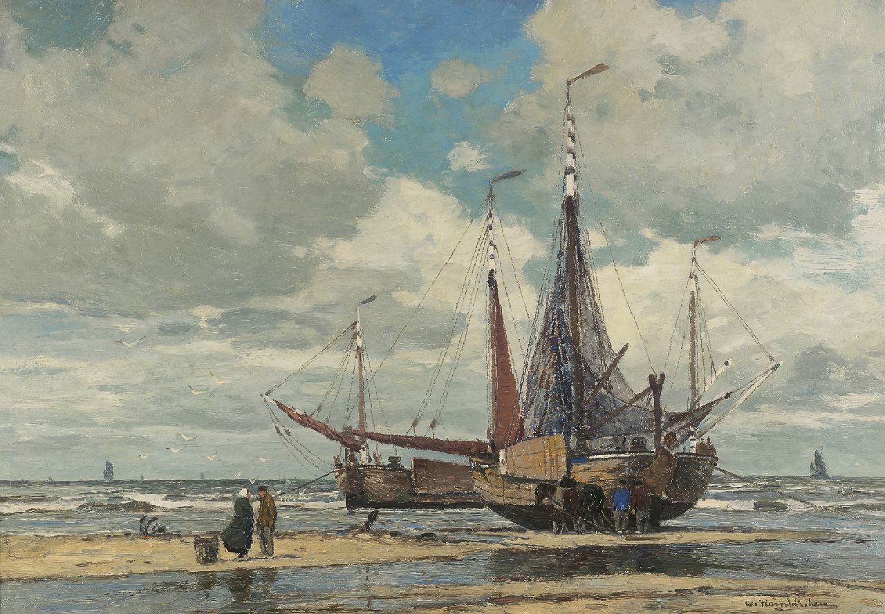 Hambüchen W.  | Wilhelm Hambüchen, Haringvissers op het strand, olieverf op doek 66,6 x 95,7 cm, gesigneerd rechtsonder