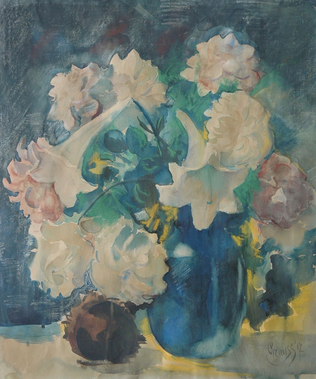 Grauss G.H.  | Gerardus Hendrik 'Geert' Grauss, Boeket in blauwe vaas, pastel en aquarel op papier 67,8 x 56,4 cm, gesigneerd rechtsonder en gedateerd '17