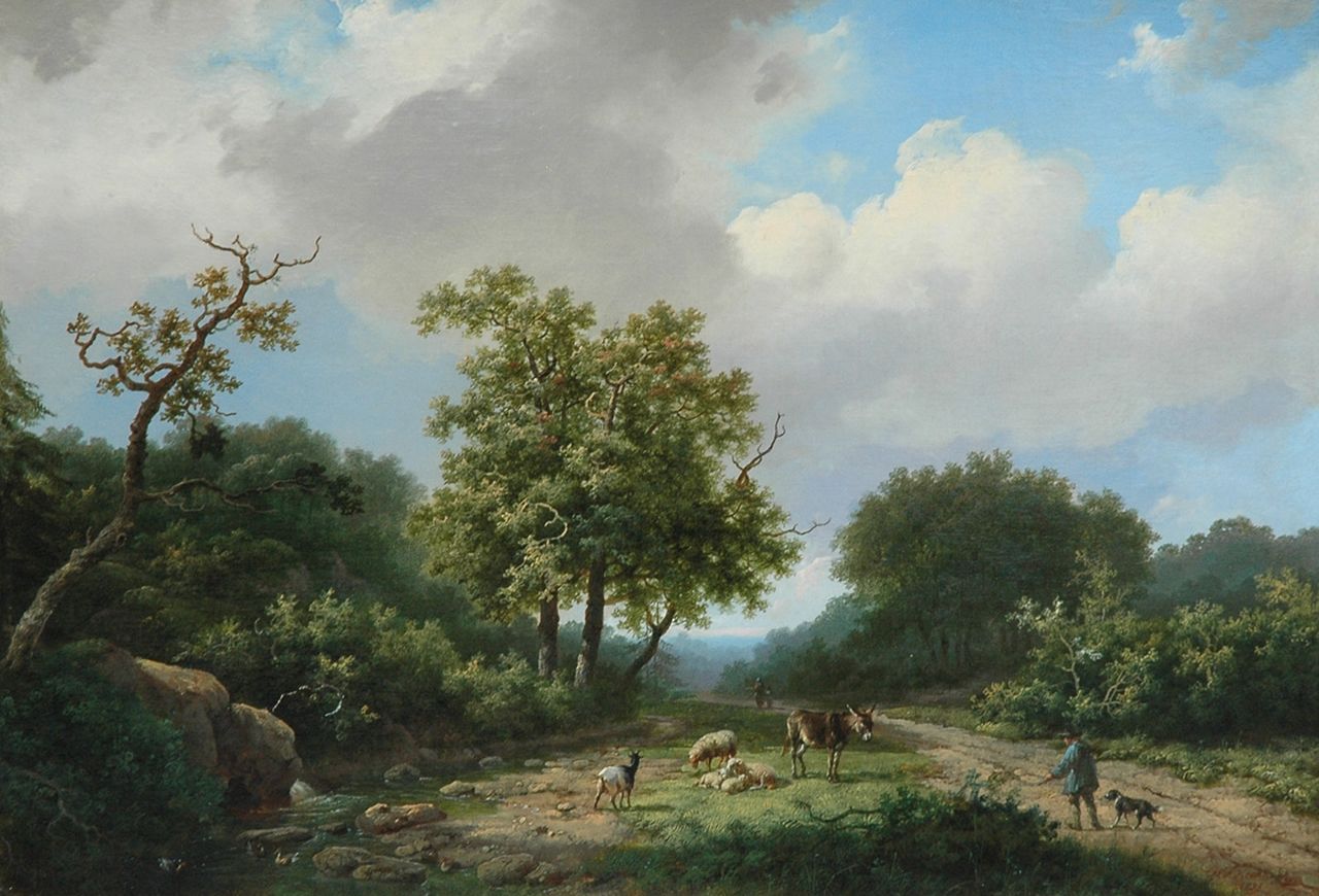 Koekkoek I M.A. | Marinus Adrianus Koekkoek I, Beboste beekvallei met vee en herder, olieverf op doek 43,1 x 62,1 cm, gesigneerd rechtsonder en gedateerd 1855 Koekkoek I M.A. | Marinus Adrianus Koekkoek I, Beboste beekvallei met vee en herder, olieverf op doek 43,1 x 62,1 cm, gesigneerd rechtsonder en gedateerd 1855