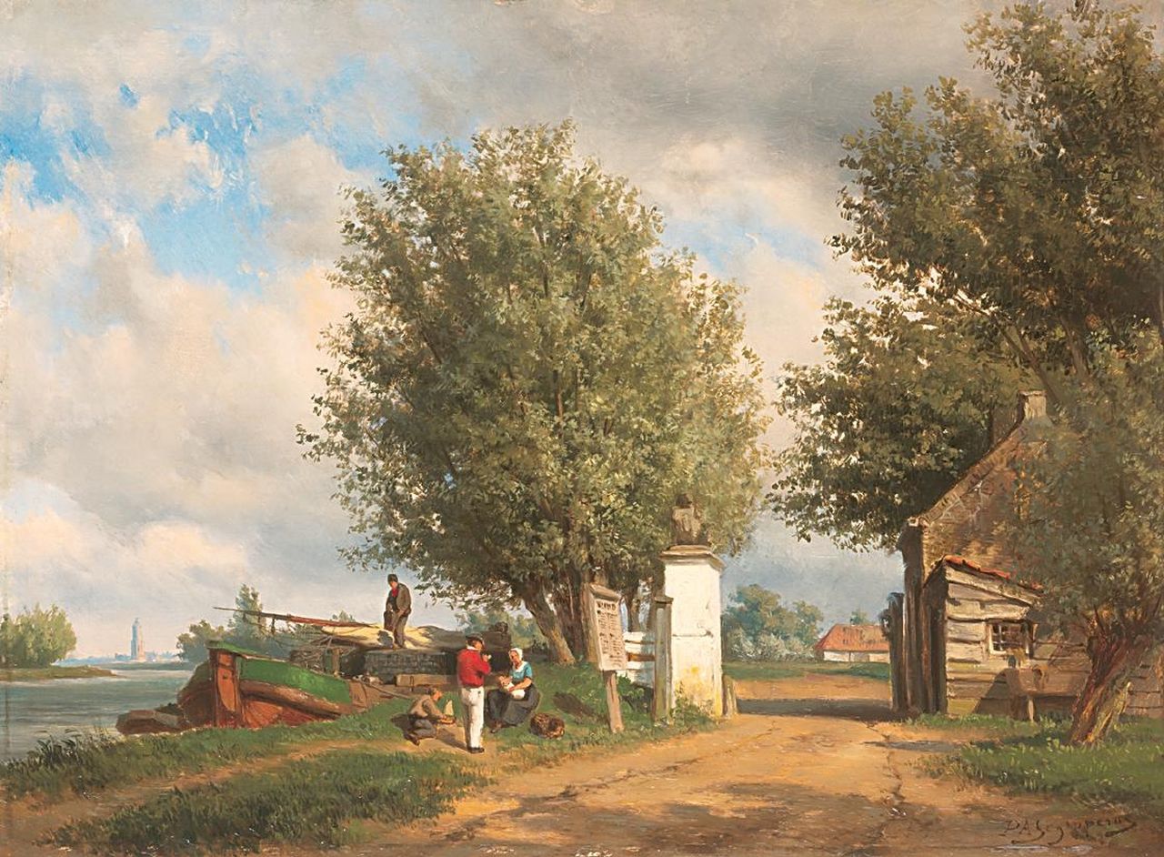 Schipperus P.A. | Pieter Adrianus 'Piet' Schipperus, Zondagmiddag aan het water bij Rhenen, olieverf op paneel 40,6 x 54,8 cm, gesigneerd rechtsonder Schipperus P.A. | Pieter Adrianus 'Piet' Schipperus, Zondagmiddag aan het water bij Rhenen, olieverf op paneel 40,6 x 54,8 cm, gesigneerd rechtsonder