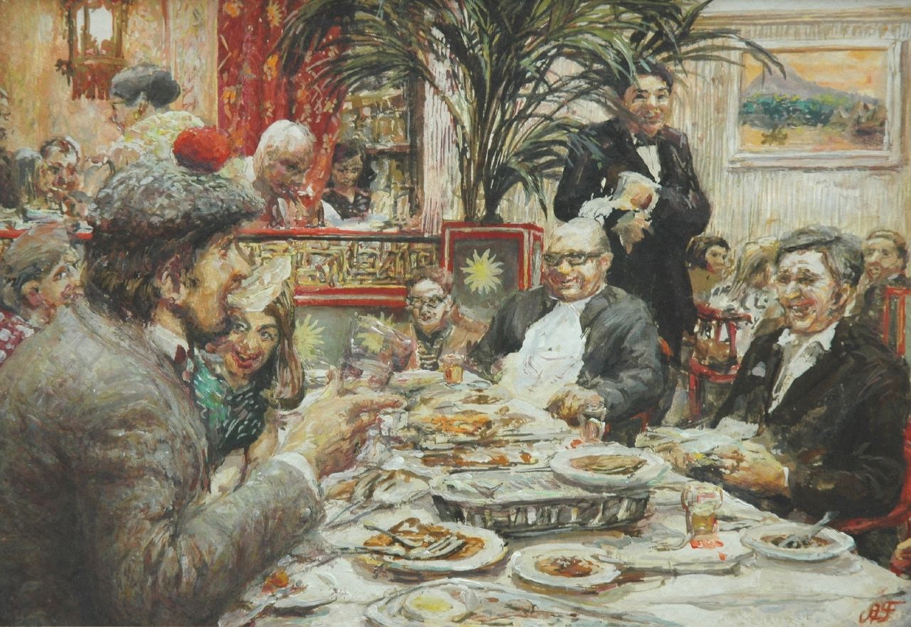 Nouhuys A.F. van | 'Andrew' Frederick van Nouhuys, Gezellig tafelen bij het Indonesisch restaurant, gouache op papier op board 24,8 x 34,7 cm, gesigneerd rechtsonder monogram