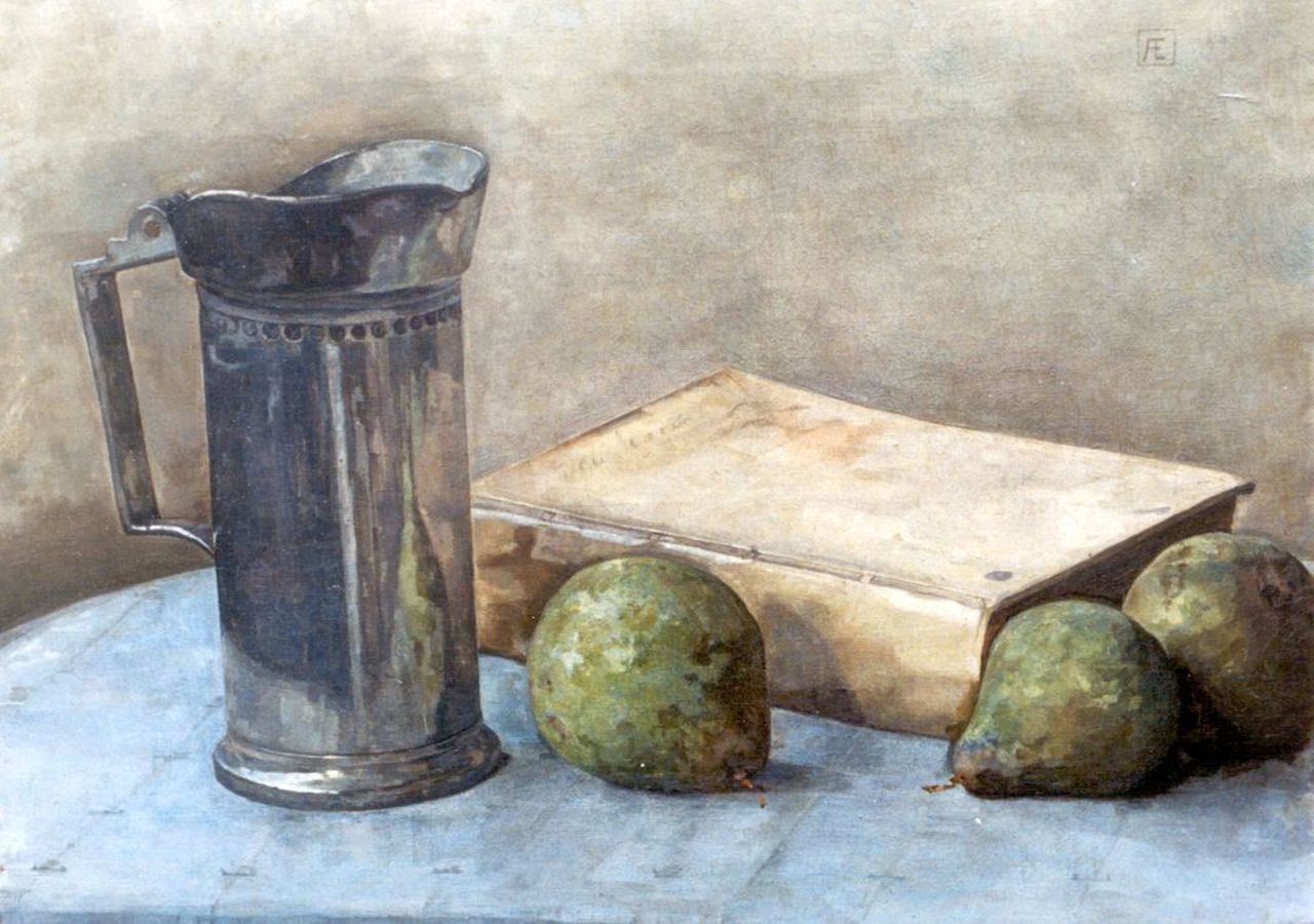 Egter van Wissekerke A.W.E.M.  | Anna Wilhelmina Elisabeth Maria 'Antje' Egter van Wissekerke, Stilleven met tinnen kan, een boek en drie peren, olieverf op doek 28,6 x 39,0 cm, gesigneerd rechtsboven met mon. en gedateerd nov. '08