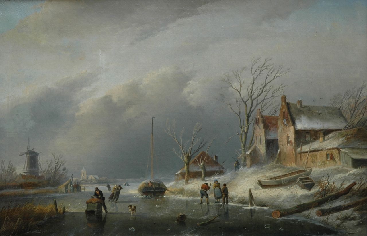 Spohler J.J.  | Jan Jacob Spohler, IJsgezicht met schaatsers en ingevroren hooischuit, olieverf op doek 40,0 x 60,8 cm, gesigneerd linksonder