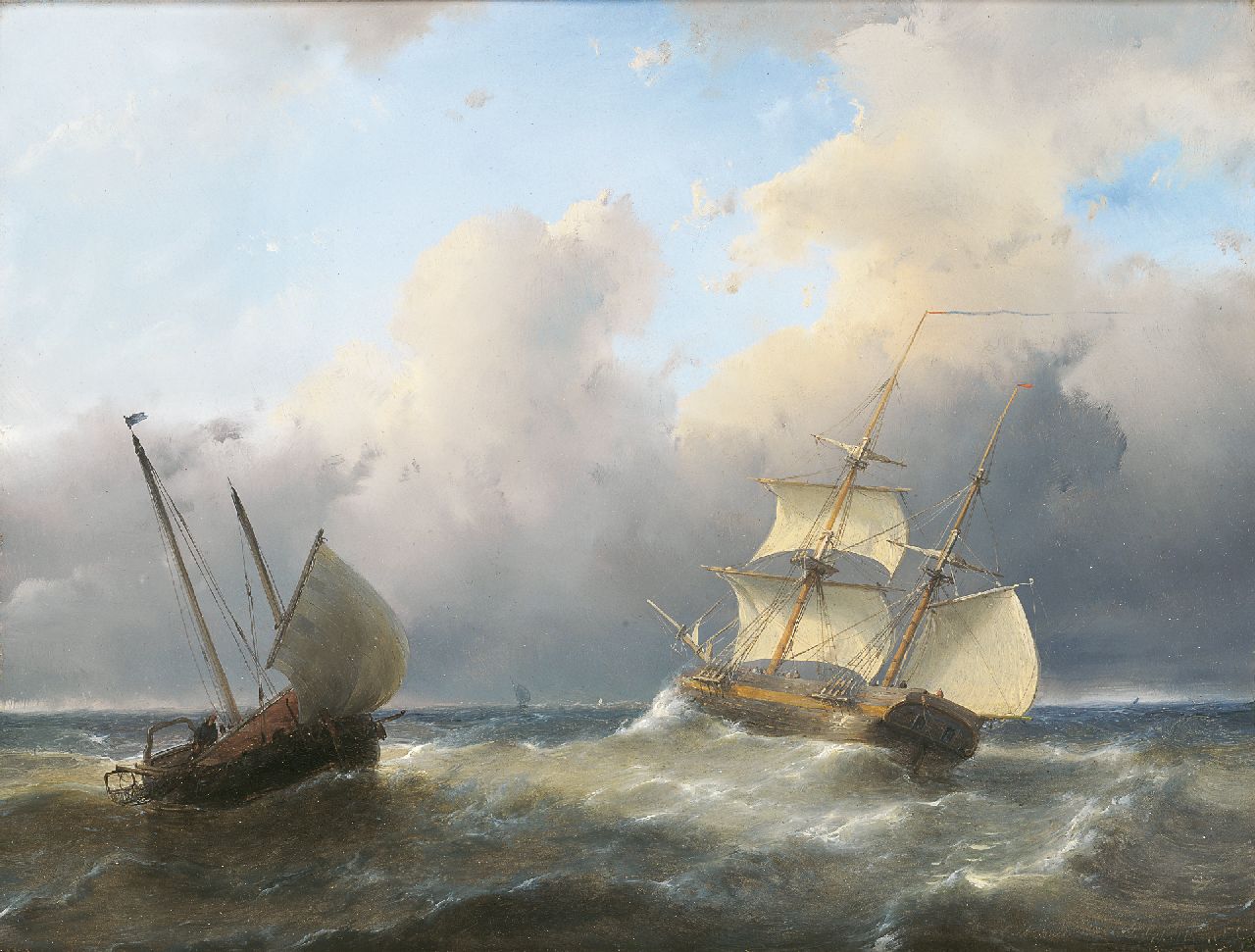 Schelfhout A. | Andreas Schelfhout, Brik en visserspink op woelige zee, olieverf op paneel 27,0 x 35,5 cm, gesigneerd rechtsonder Schelfhout A. | Andreas Schelfhout, Brik en visserspink op woelige zee, olieverf op paneel 27,0 x 35,5 cm, gesigneerd rechtsonder