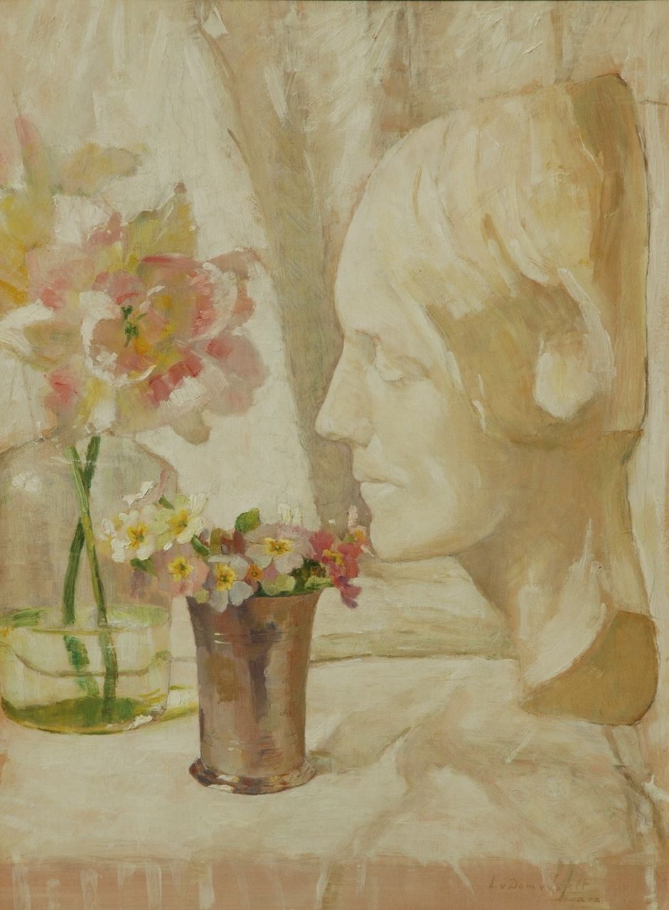 Dam van Isselt L. van | Lucie van Dam van Isselt, Bloemstilleven met gipsplastiek, olieverf op paneel 44,1 x 32,7 cm, gesigneerd rechtsonder en verso gedateerd 1919 Dam van Isselt L. van | Lucie van Dam van Isselt, Bloemstilleven met gipsplastiek, olieverf op paneel 44,1 x 32,7 cm, gesigneerd rechtsonder en verso gedateerd 1919
