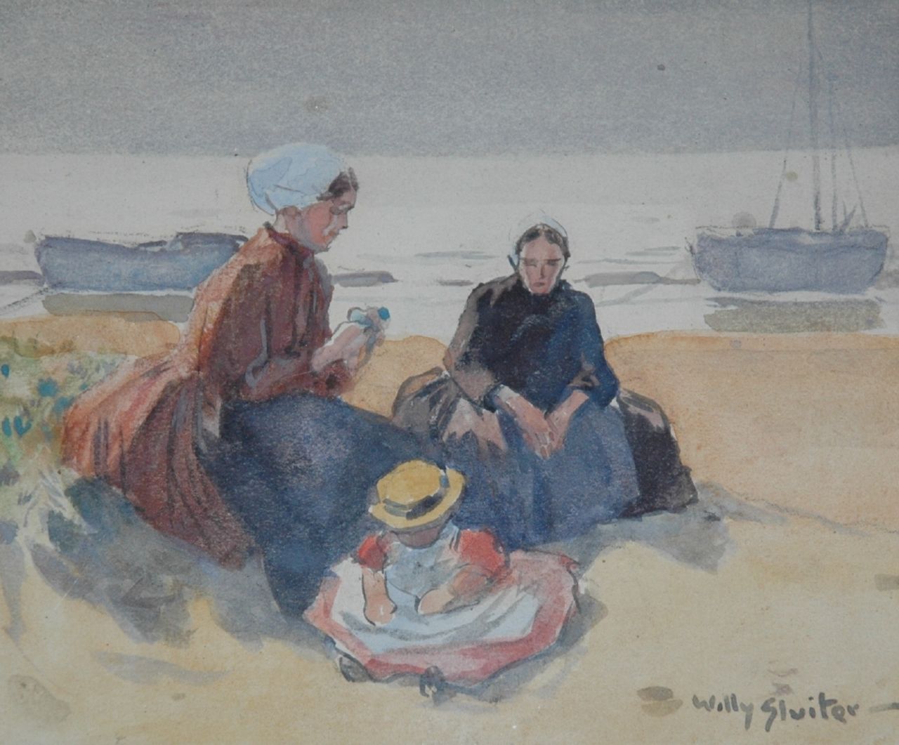 Sluiter J.W. | Jan Willem 'Willy' Sluiter, Vissersvrouwen met kindje in de duinen, aquarel op papier 11,0 x 13,5 cm, gesigneerd rechtsonder Sluiter J.W. | Jan Willem 'Willy' Sluiter, Vissersvrouwen met kindje in de duinen, aquarel op papier 11,0 x 13,5 cm, gesigneerd rechtsonder