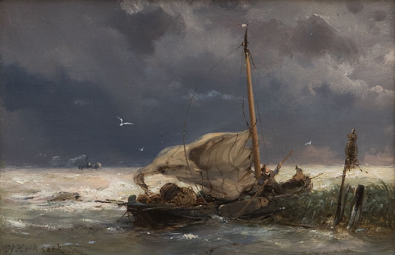 Koekkoek H. | Hermanus Koekkoek, Vissersboot en stoomschip in zwaar weer, olieverf op paneel 10,7 x 16,0 cm, gesigneerd linksonder en VERKOCHT Koekkoek H. | Hermanus Koekkoek, Vissersboot en stoomschip in zwaar weer, olieverf op paneel 10,7 x 16,0 cm, gesigneerd linksonder en VERKOCHT