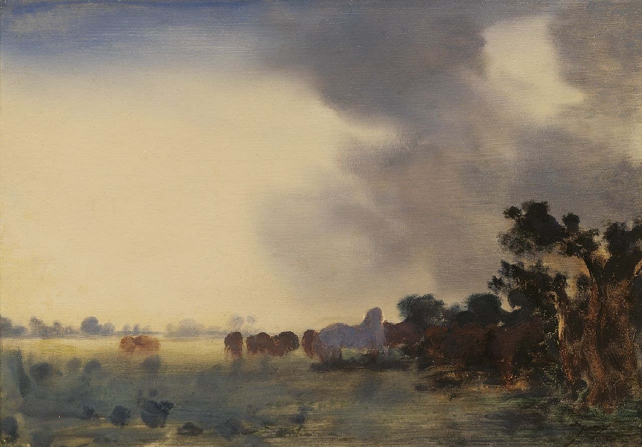 Voerman sr. J. | Jan Voerman sr. | Schilderijen te koop aangeboden | Landschap met paarden, donkere lucht, olieverf op paneel 22,0 x 32,0 cm, gesigneerd rechtsonder met initialen Voerman sr. J. | Jan Voerman sr. | Schilderijen te koop aangeboden | Landschap met paarden, donkere lucht, olieverf op paneel 22,0 x 32,0 cm, gesigneerd rechtsonder met initialen