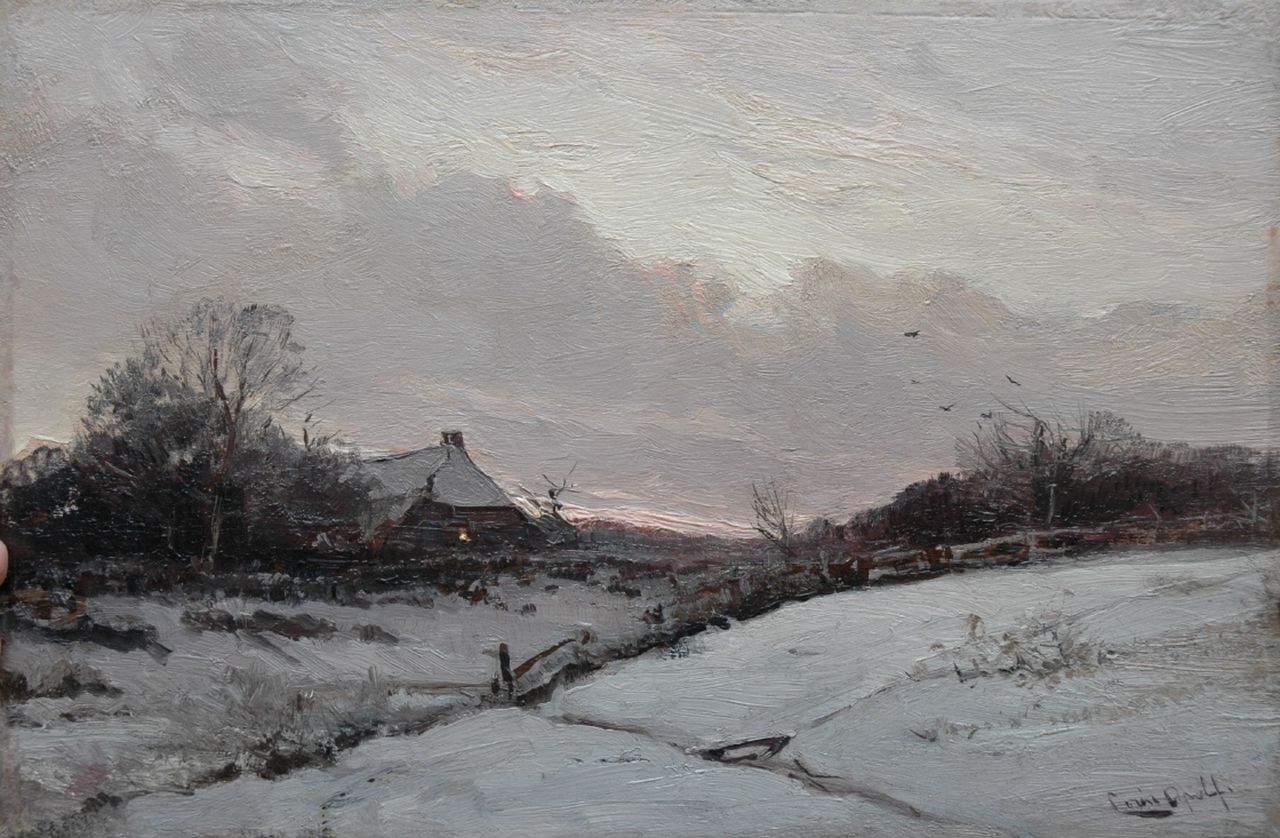 Apol L.F.H.  | Lodewijk Franciscus Hendrik 'Louis' Apol, Boerderij in sneeuwlandschap bij ondergaande zon, olieverf op paneel 27,5 x 42,0 cm, gesigneerd rechtsonder
