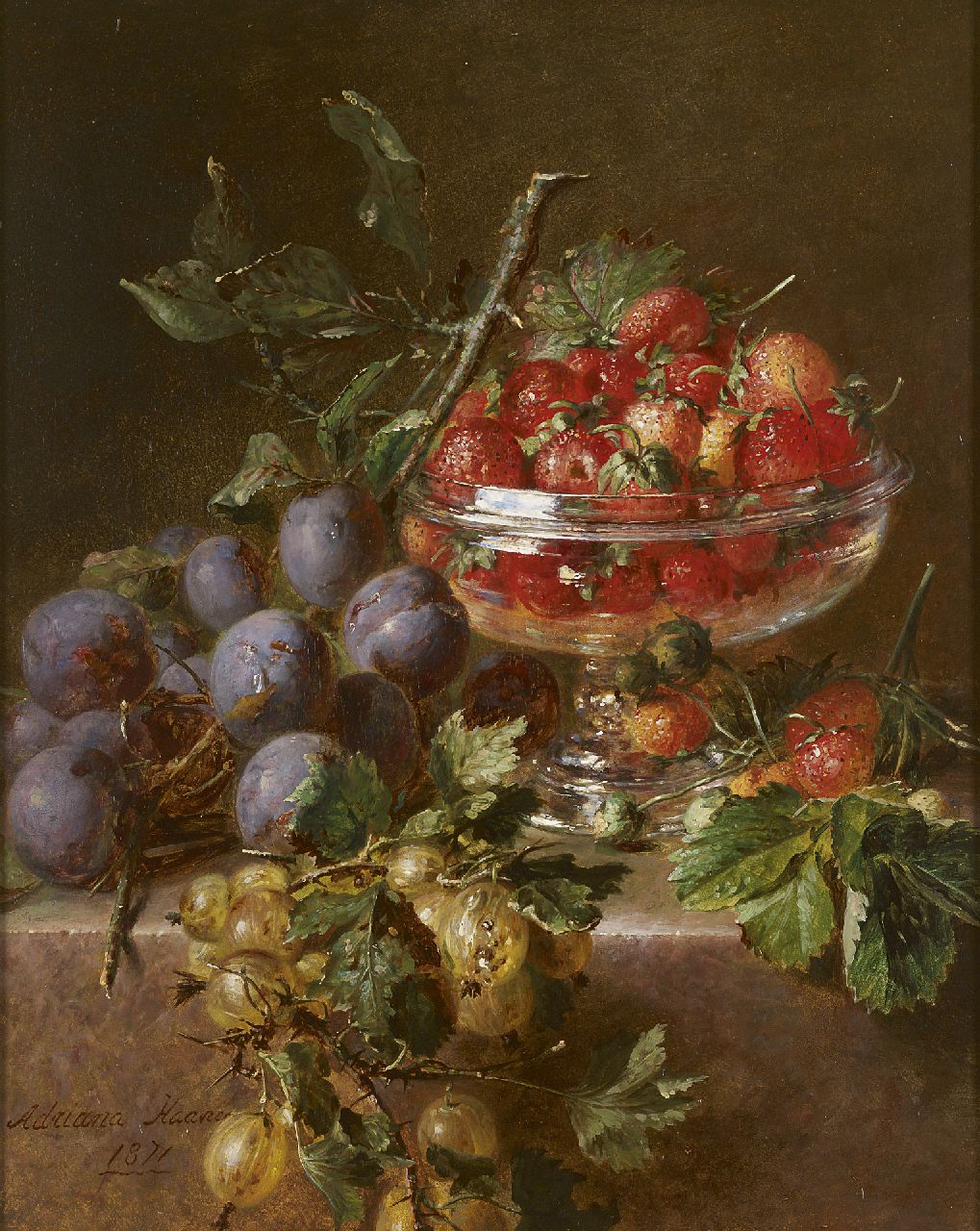 Haanen A.J. | 'Adriana' Johanna Haanen, Fruitstilleven met pruimen, kruisbessen en aardbeien in glazen schaal, olieverf op paneel 38,3 x 30,3 cm, gesigneerd linksonder en gedateerd 1871 Haanen A.J. | 'Adriana' Johanna Haanen, Fruitstilleven met pruimen, kruisbessen en aardbeien in glazen schaal, olieverf op paneel 38,3 x 30,3 cm, gesigneerd linksonder en gedateerd 1871