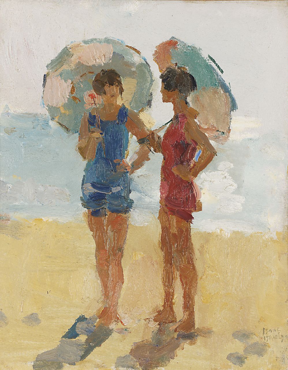Israels I.L. | 'Isaac' Lazarus Israels, Meisjes met parasol op het strand, Viareggio, olieverf op doek 50,4 x 40,5 cm, gesigneerd rechtsonder en te dateren 1923-1934 Israels I.L. | 'Isaac' Lazarus Israels, Meisjes met parasol op het strand, Viareggio, olieverf op doek 50,4 x 40,5 cm, gesigneerd rechtsonder en te dateren 1923-1934