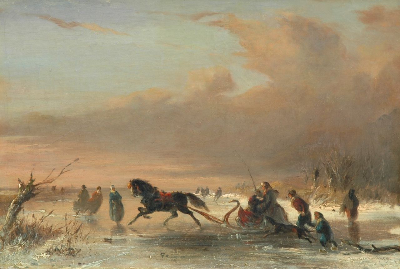 Tavenraat J. | Johannes Tavenraat, IJsvertier bij zonsondergang, olieverf op doek 31,3 x 46,2 cm, gesigneerd rechtsonder en gedateerd 1859 Tavenraat J. | Johannes Tavenraat, IJsvertier bij zonsondergang, olieverf op doek 31,3 x 46,2 cm, gesigneerd rechtsonder en gedateerd 1859