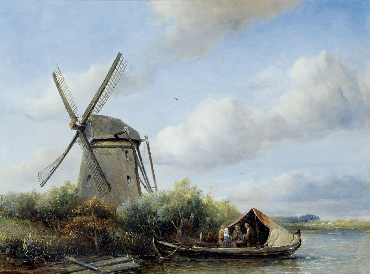 Waldorp A. | Antonie Waldorp, Figuren in een boot bij een poldermolen, olieverf op paneel 30,4 x 40,2 cm, gesigneerd linksonder en gedateerd '43 Waldorp A. | Antonie Waldorp, Figuren in een boot bij een poldermolen, olieverf op paneel 30,4 x 40,2 cm, gesigneerd linksonder en gedateerd '43