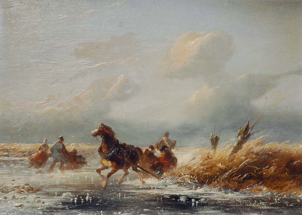 Tavenraat J. | Johannes Tavenraat, Sledetocht op het ijs, olieverf op paneel 20,6 x 29,4 cm, gesigneerd linksonder en gedateerd 1851 Tavenraat J. | Johannes Tavenraat, Sledetocht op het ijs, olieverf op paneel 20,6 x 29,4 cm, gesigneerd linksonder en gedateerd 1851