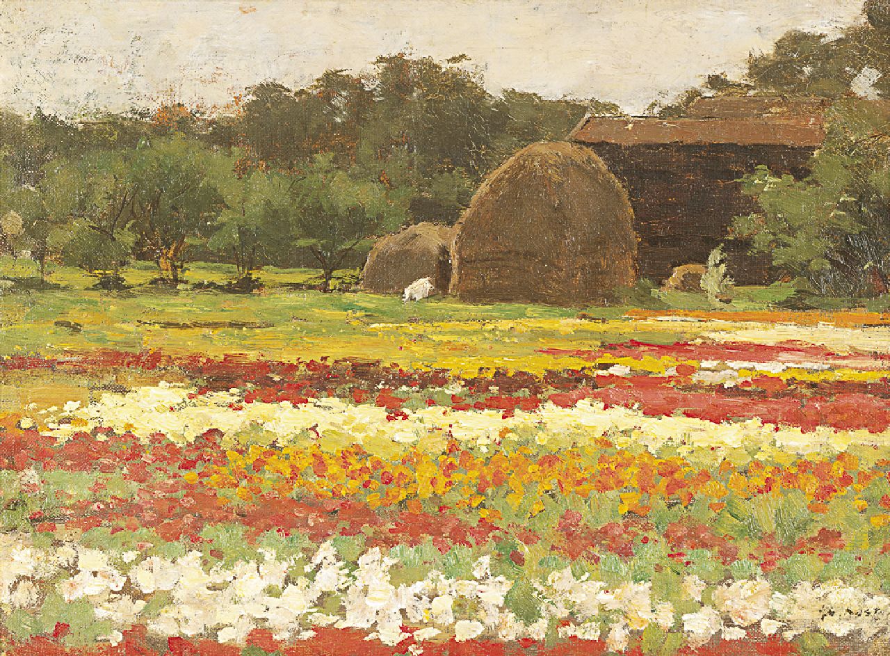 Koster A.L.  | Anton Louis 'Anton' Koster, Bloeiende bollenvelden, olieverf op doek op board 29,3 x 39,1 cm, gesigneerd rechtsonder