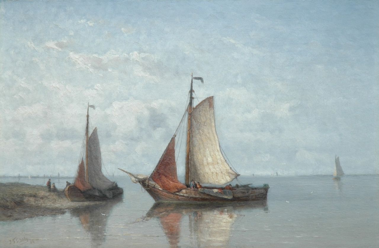 Schütz J.F. | Jan Frederik Schütz, Zierikzeese botters op kalm water, olieverf op paneel 32,5 x 49,2 cm, gesigneerd linksonder en gedateerd '84 Schütz J.F. | Jan Frederik Schütz, Zierikzeese botters op kalm water, olieverf op paneel 32,5 x 49,2 cm, gesigneerd linksonder en gedateerd '84