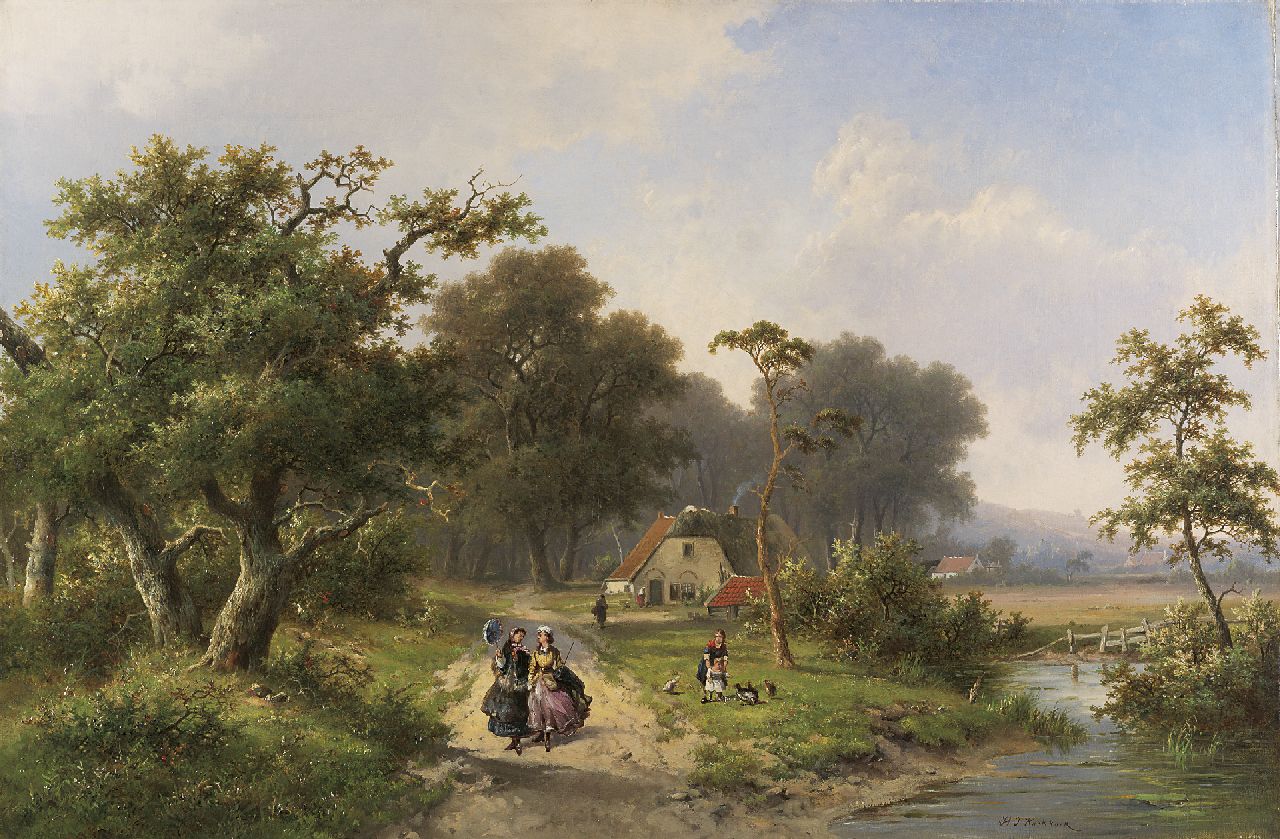 Koekkoek P.H.  | Pieter Hendrik 'H.P.' Koekkoek, Elegante dames wandelend op een bospad, bij een boerenerf, olieverf op doek 66,5 x 99,6 cm, gesigneerd rechtsonder