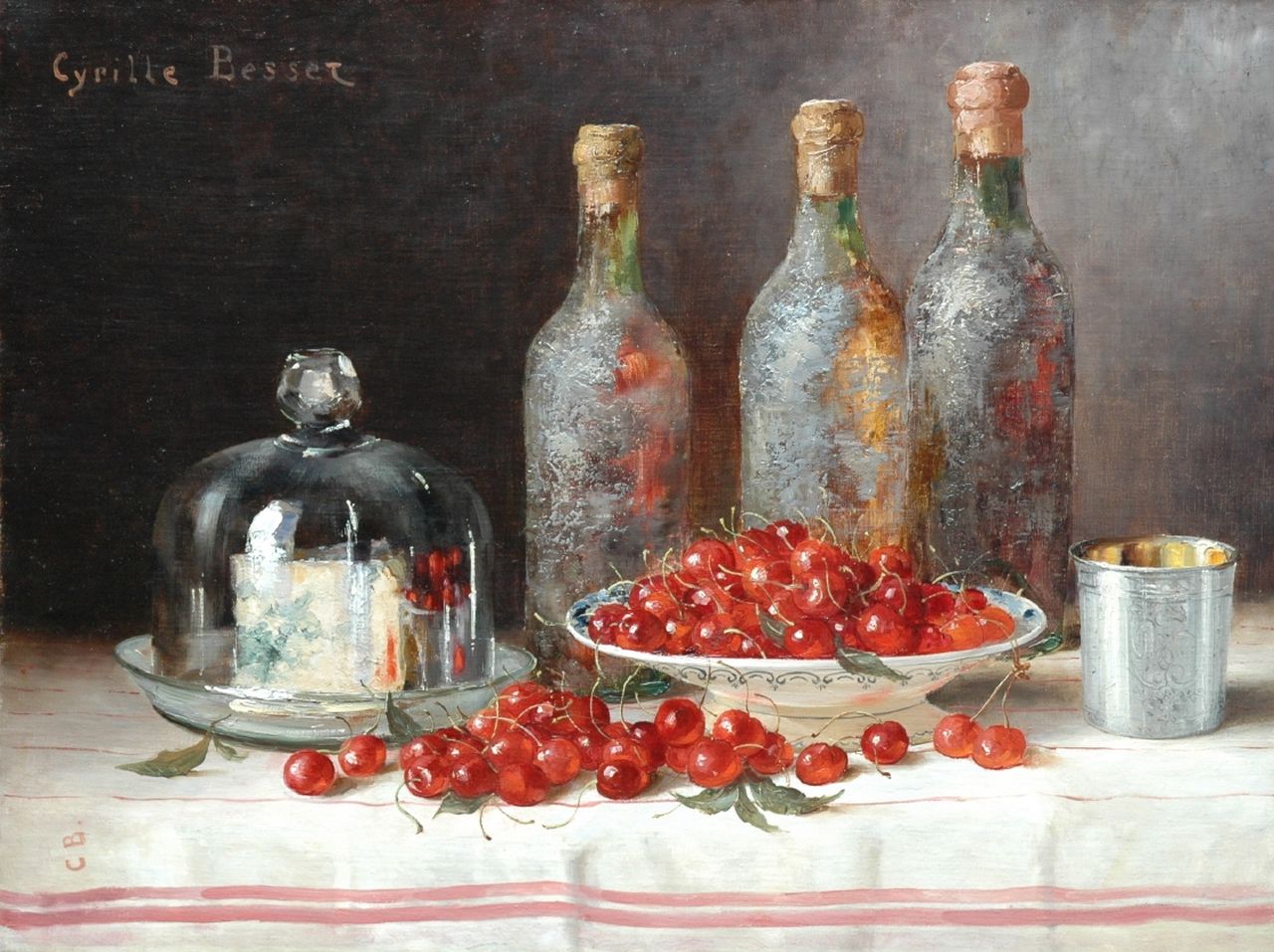 Besset C.  | Cyrille Besset, Stilleven met flessen, kaas en kersen, olieverf op doek 49,4 x 65,0 cm, gesigneerd linksboven voluit en linksonder met initialen