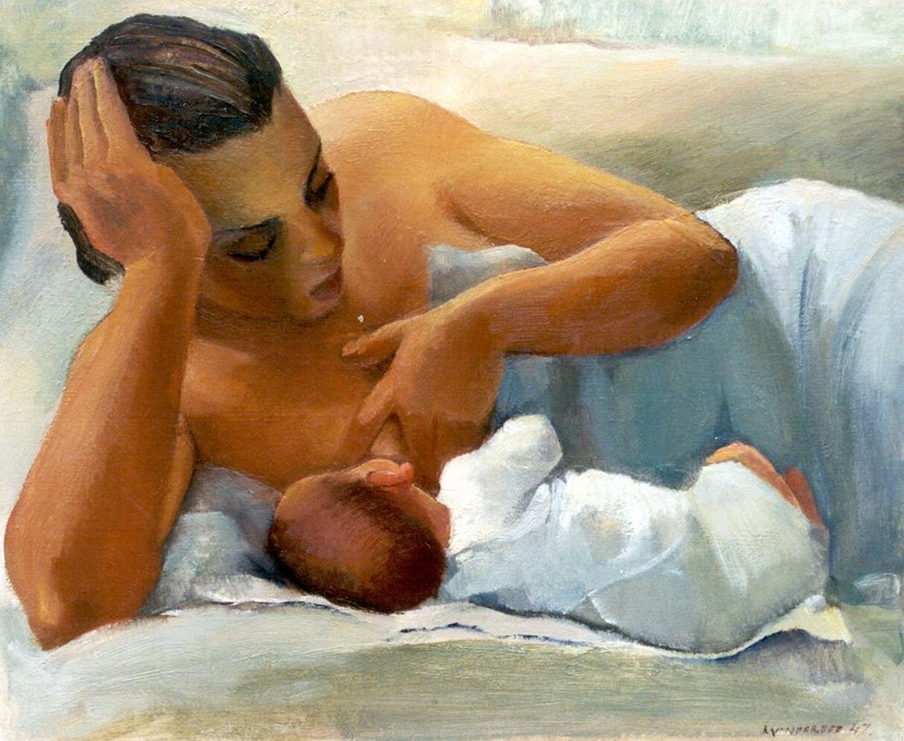 Feer A. van der | Anna 'Anneke' van der Feer, Moeder en kind (Riek Milikowski-de Raat en Efraïm), olieverf op paneel 46,1 x 55,1 cm, gesigneerd rechtsonder en gedateerd '47