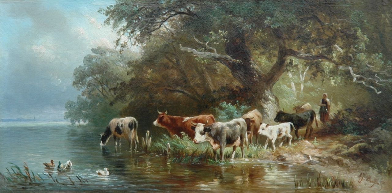 Prooijen A.J. van | Albert Jurardus van Prooijen, Drinkende koeien aan de rivieroever, olieverf op paneel 16,1 x 33,0 cm, gesigneerd rechtsonder Prooijen A.J. van | Albert Jurardus van Prooijen, Drinkende koeien aan de rivieroever, olieverf op paneel 16,1 x 33,0 cm, gesigneerd rechtsonder