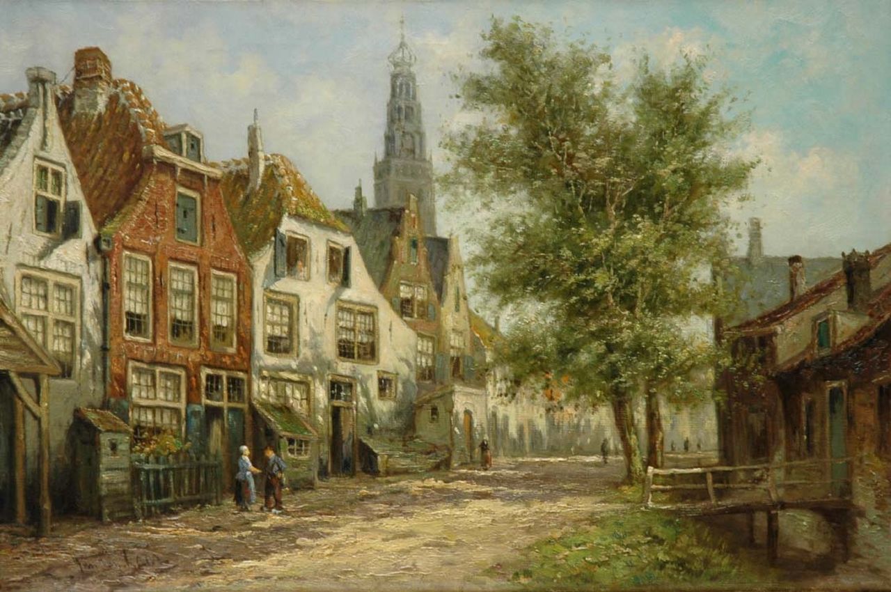 Laar J. van | Jan van Laar, Achterom met Bakenessekerk in Haarlem, olieverf op doek 40,2 x 60,3 cm, gesigneerd linksonder en verso Laar J. van | Jan van Laar, Achterom met Bakenessekerk in Haarlem, olieverf op doek 40,2 x 60,3 cm, gesigneerd linksonder en verso