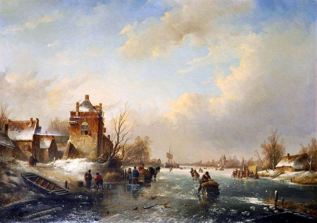 Spohler J.J.  | Jan Jacob Spohler, Drukbevolkt ijsgezicht met schaatsers en duwslede, olieverf op doek 58,3 x 81,8 cm, gesigneerd linksonder
