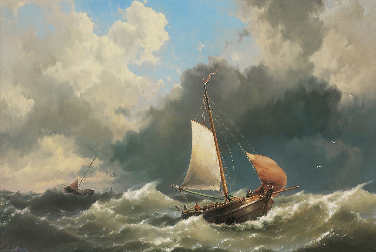 Koekkoek jr. H. | Hermanus Koekkoek jr., Schokkers op onstuimige zee, olieverf op doek 113,0 x 166,0 cm, gesigneerd linksonder en gedateerd 1859 Koekkoek jr. H. | Hermanus Koekkoek jr., Schokkers op onstuimige zee, olieverf op doek 113,0 x 166,0 cm, gesigneerd linksonder en gedateerd 1859