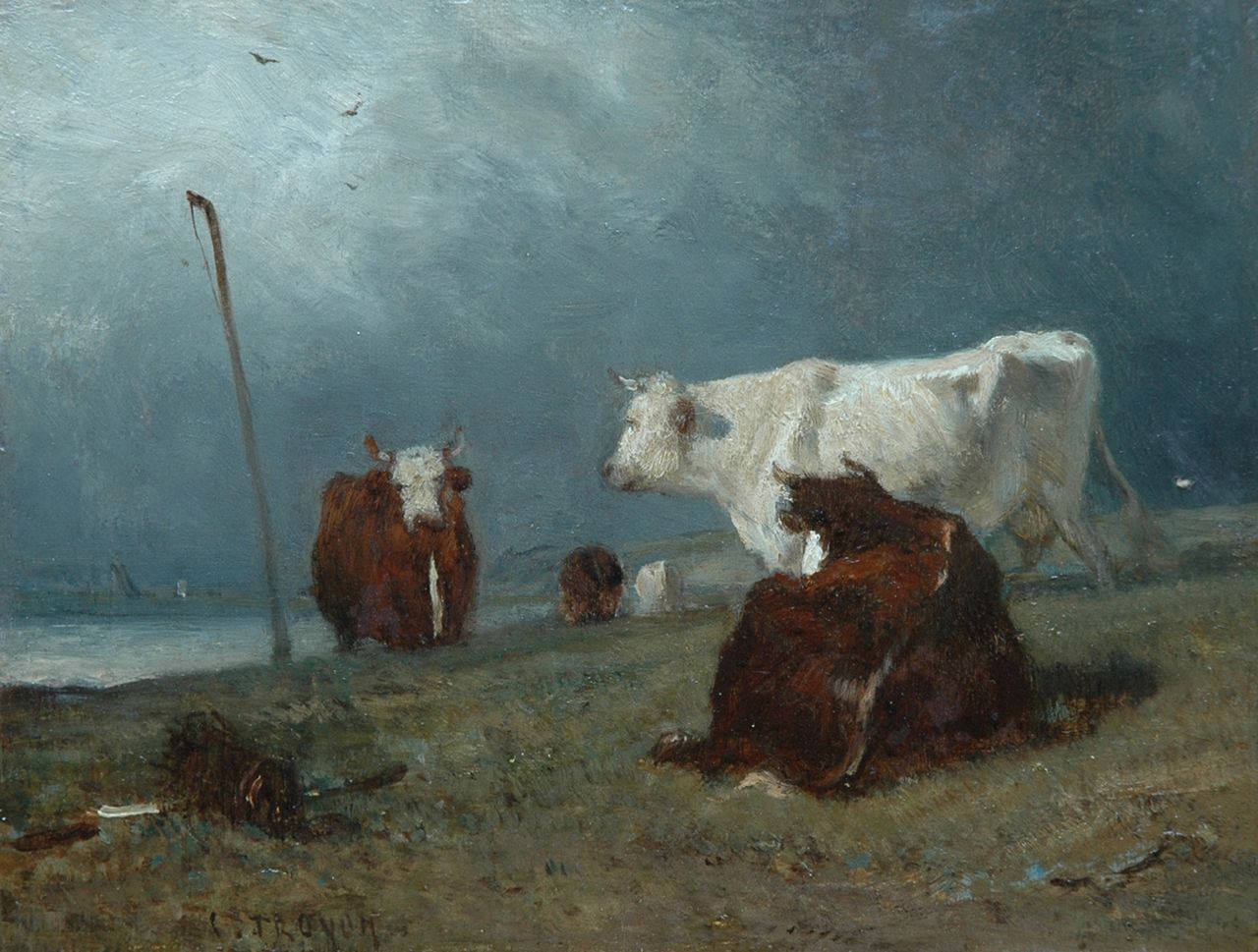 Troyon C.  | Constant Troyon, Koeien aan de waterkant, olieverf op paneel 18,7 x 24,8 cm, gesigneerd links van het midden.