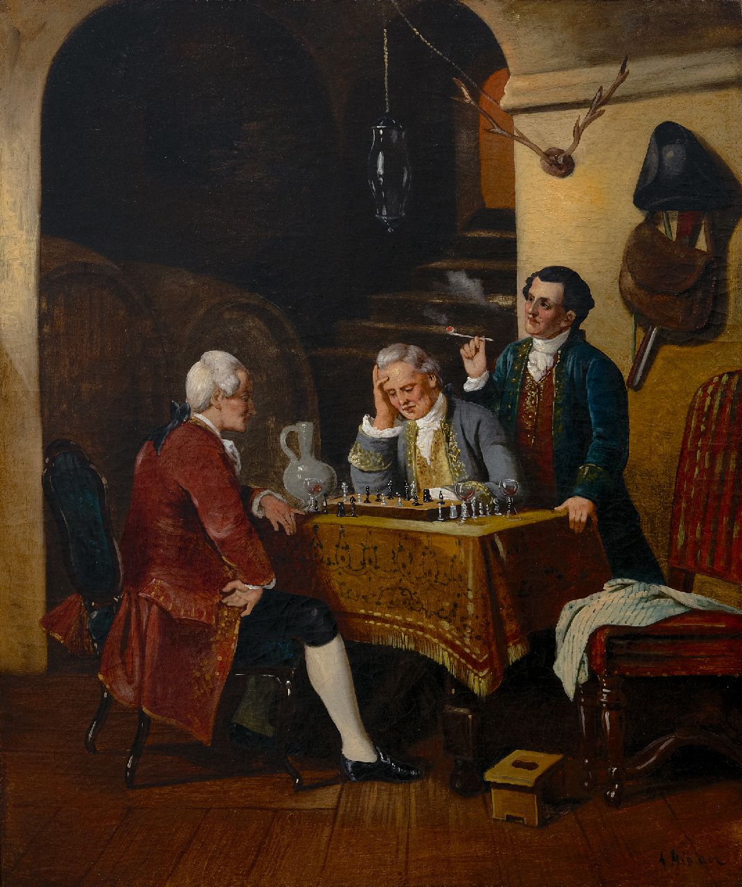 Engelse School | Schaakspelers in een wijnkelder, olieverf op doek, 69,0 x 55,8 cm, gesigneerd r.o.