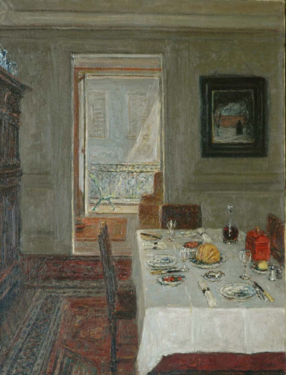 Storm van 's-Gravesande C.N. | Carel Nicolaas Storm van 's-Gravesande, Feesttafel ten huize van de schilder te Brussel, olieverf op doek 65,2 x 50,2 cm, gesigneerd verso Storm van 's-Gravesande C.N. | Carel Nicolaas Storm van 's-Gravesande, Feesttafel ten huize van de schilder te Brussel, olieverf op doek 65,2 x 50,2 cm, gesigneerd verso