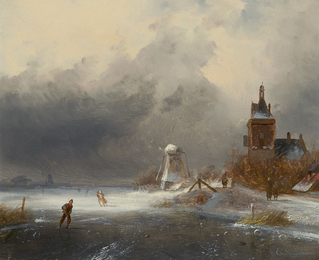 Leickert C.H.J.  | 'Charles' Henri Joseph Leickert, IJsgezicht met schaatsers en wandelaars, olieverf op paneel 18,5 x 22,5 cm, gesigneerd rechtsonder
