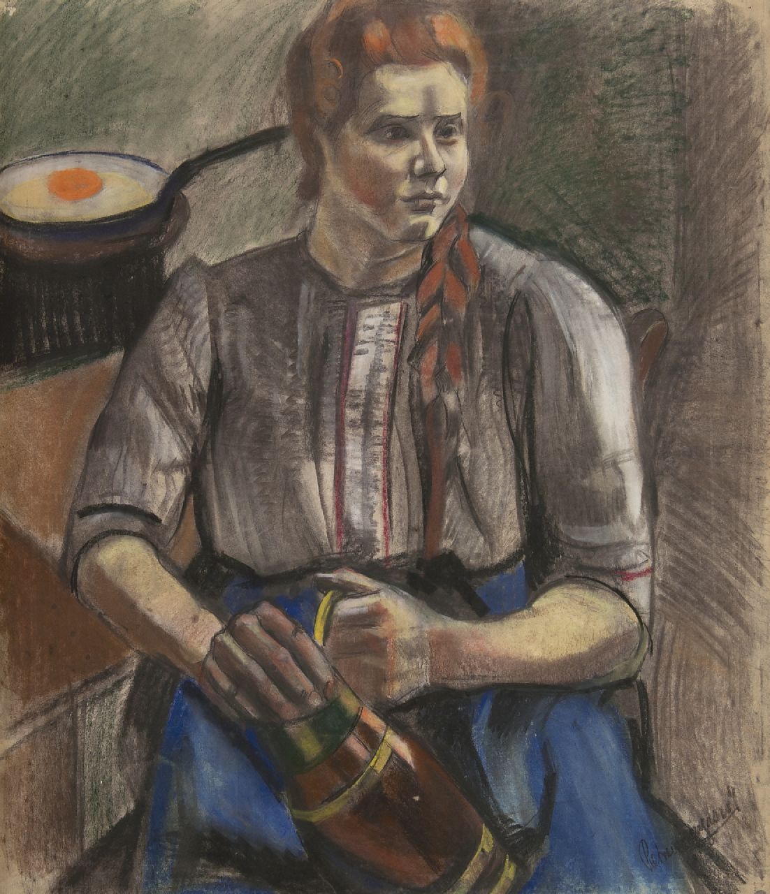Wijngaerdt P.T. van | Petrus Theodorus 'Piet' van Wijngaerdt | Aquarellen en tekeningen te koop aangeboden | Keukenstuk met vrouw, houtskool en pastel op papier 100,0 x 87,0 cm, gesigneerd rechtsonder en te dat. ca. 1921 Wijngaerdt P.T. van | Petrus Theodorus 'Piet' van Wijngaerdt | Aquarellen en tekeningen te koop aangeboden | Keukenstuk met vrouw, houtskool en pastel op papier 100,0 x 87,0 cm, gesigneerd rechtsonder en te dat. ca. 1921